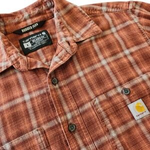 Carhartt Rugged Flex Relaxed Fit Plaid Button Down Casual Work Shirt Orange Mens